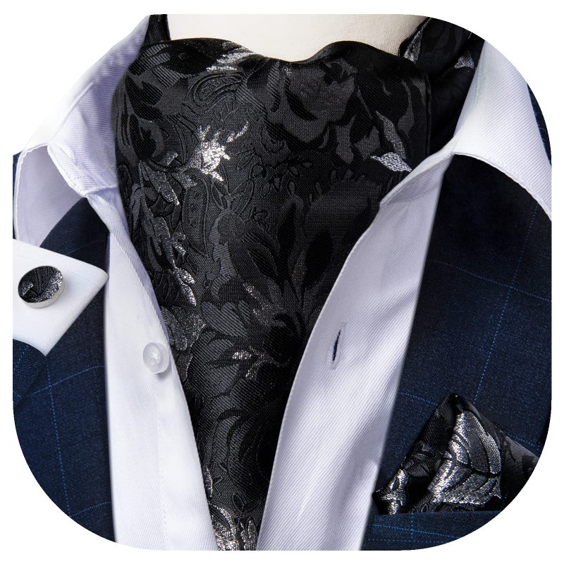 DiBanGu Black Ascot Ties for Men Cravat Tie and Pocket Square Set Jacquard Silk Ascot Paisley Cravat for Men - Image 2